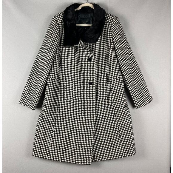 Talbots Houndstooth Wool Blend Coat Womens 12W Faux Fur Old Money Quiet Luxury - Picture 1 of 16